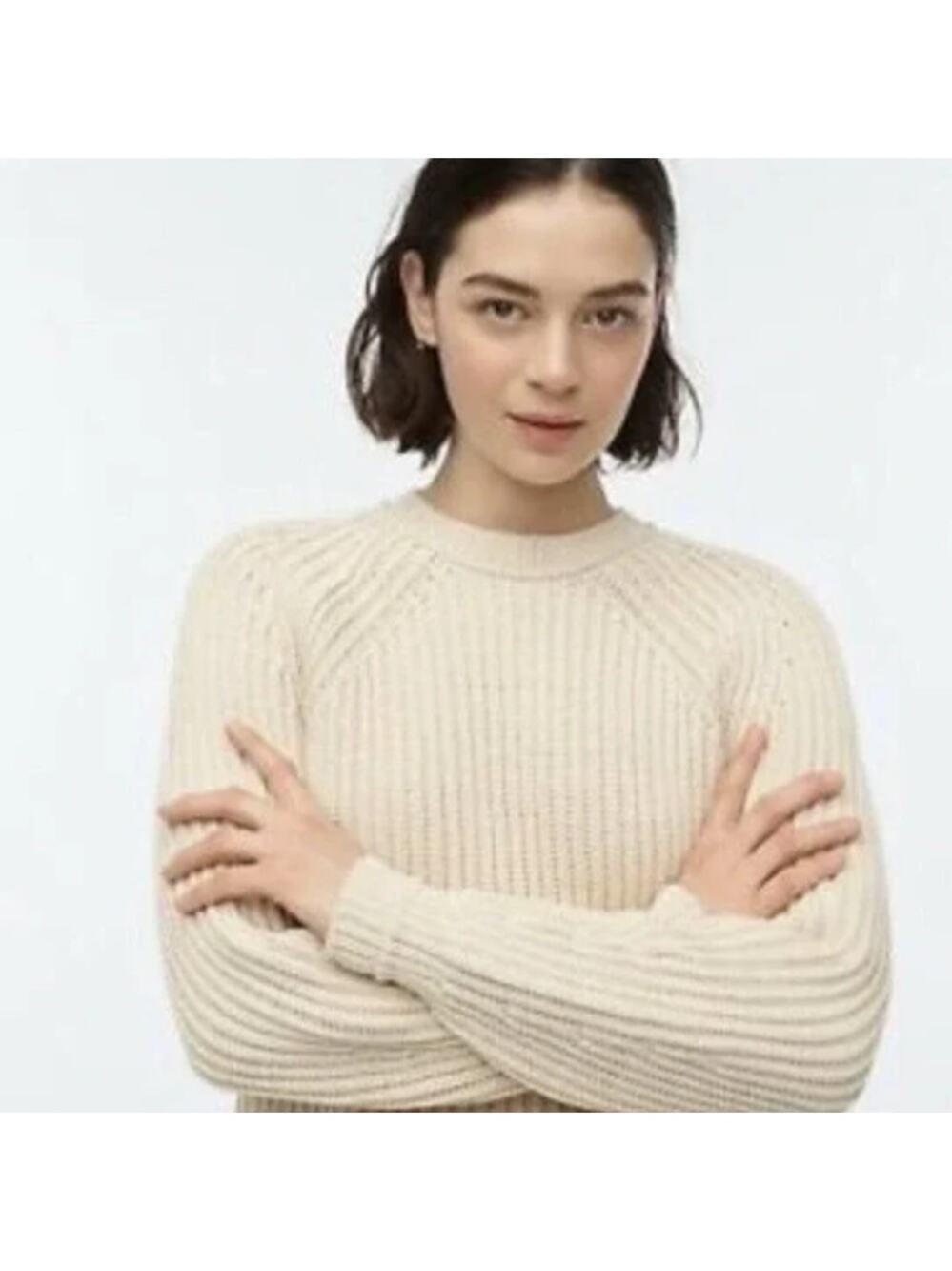 J.Crew Chunky Ribbed Crewneck Sweater WMNS S Cream Pullover Stretch Long Sleeve
